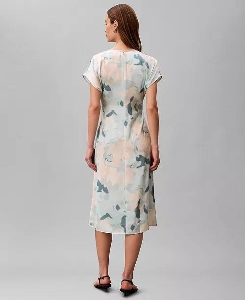 Calvin Klein Satin Print V‑Neck Midi Dress Pale Meadow S NWT $169