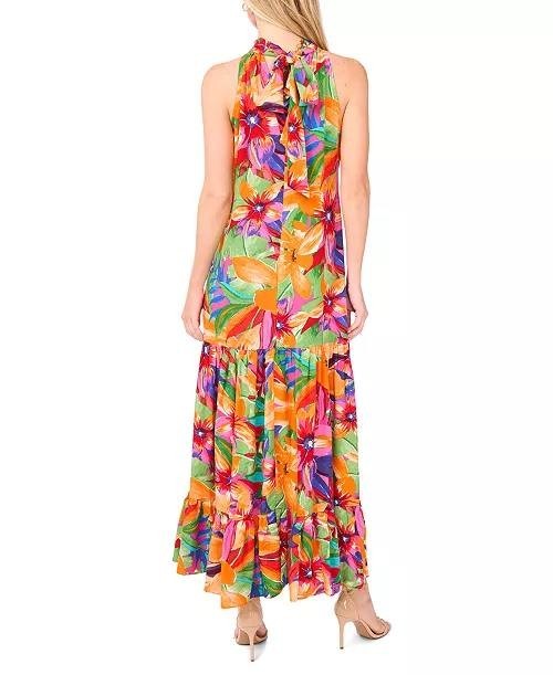MSK Printed Halter Tie‑Back Tiered Maxi Dress Multi S NWT $69