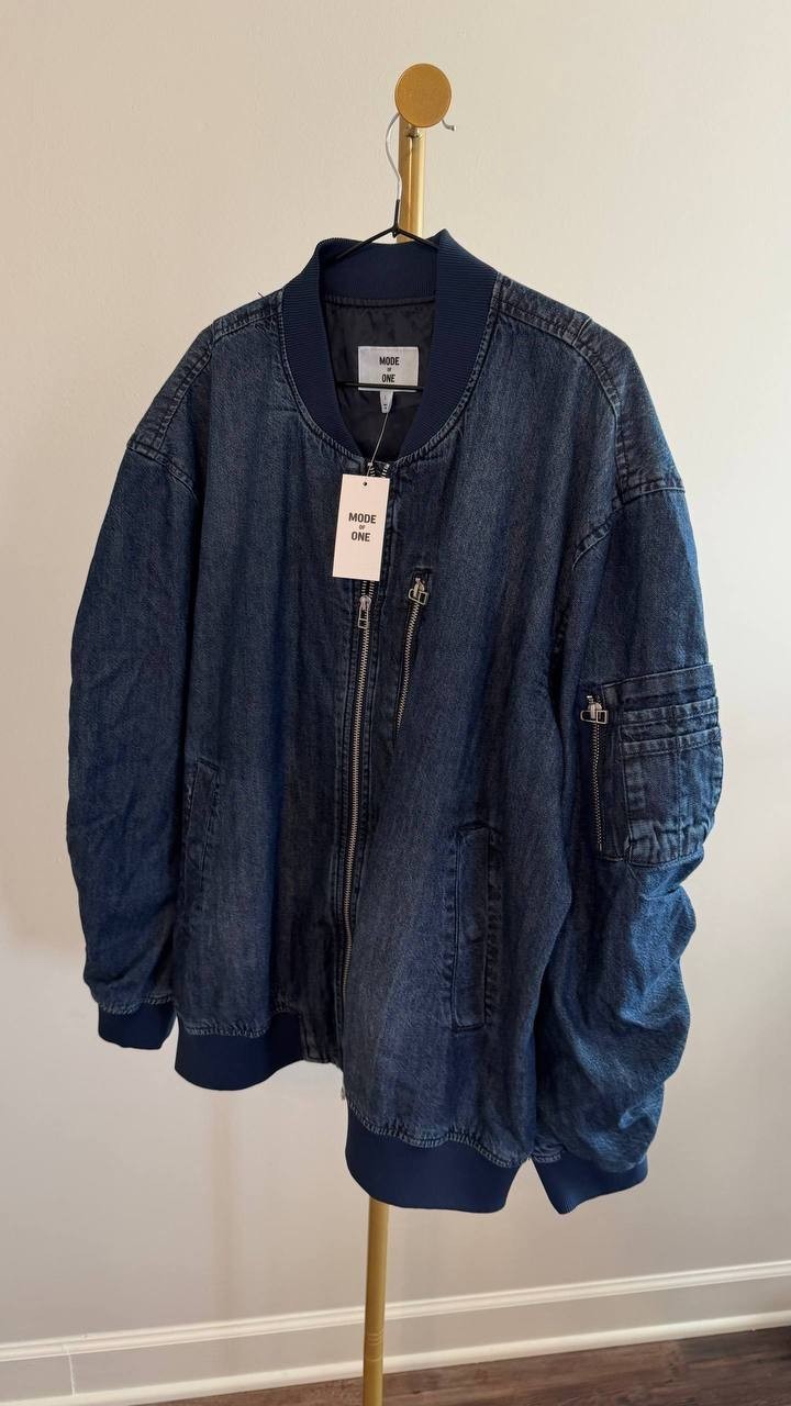 Mode of One Men’s Costas Zip‑Front Denim Bomber Jacket Blue L $100 NWT