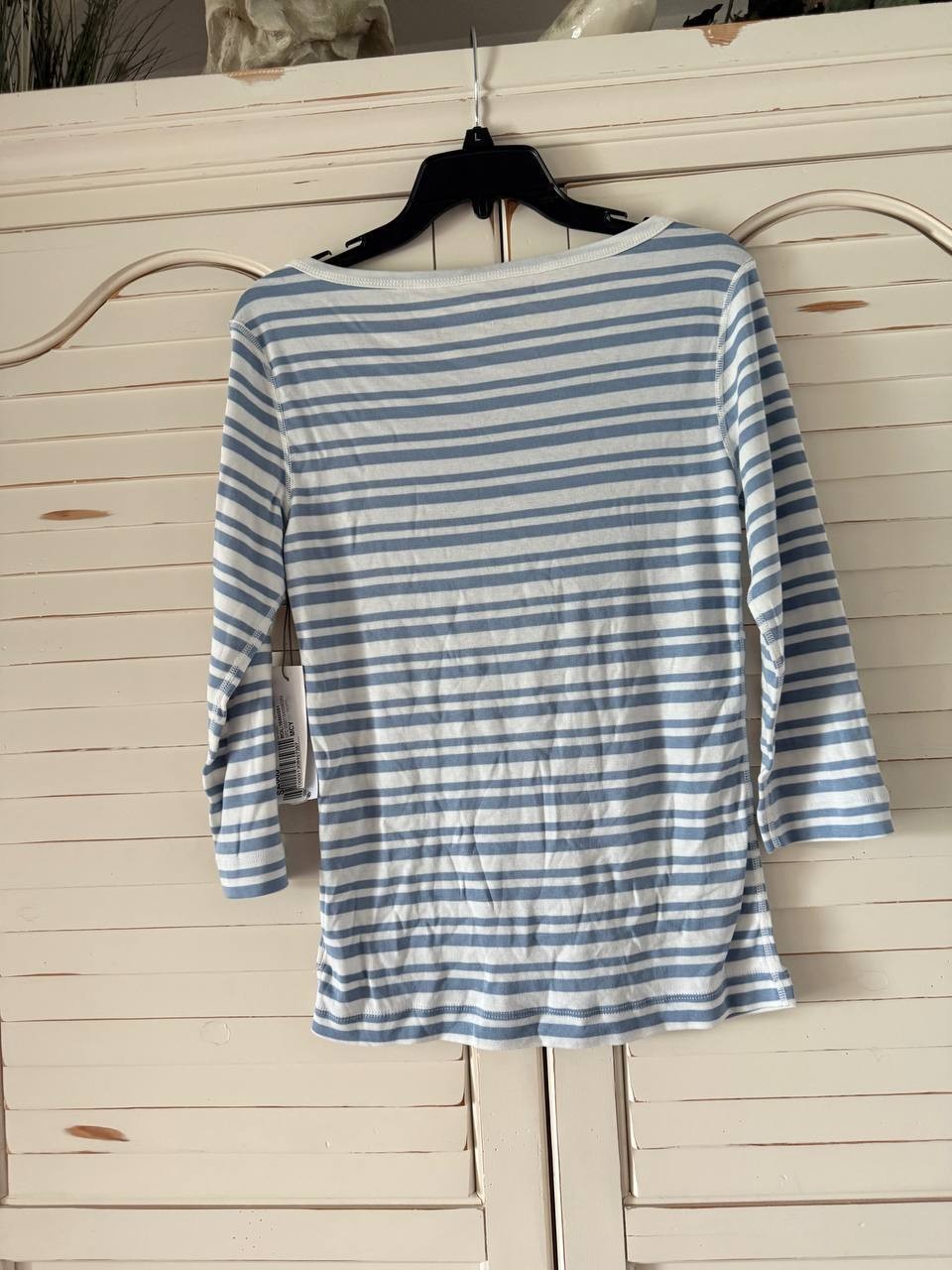 Three Dots Boatneck Striped Tee, Faded Denim, Size M, NWT, 100% Cotton