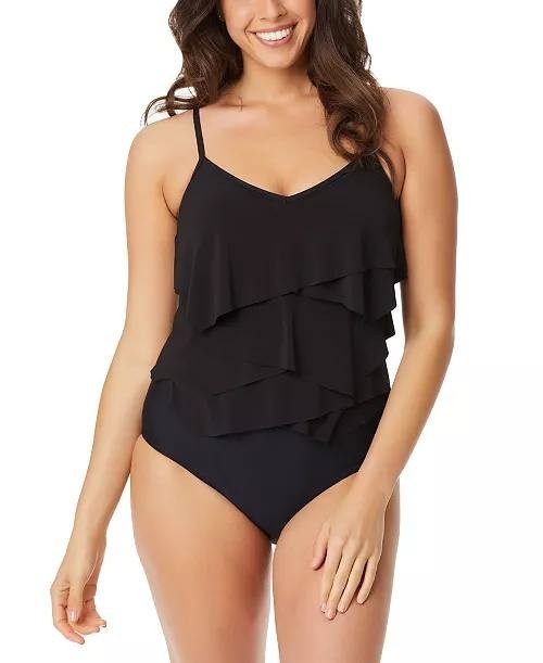 Beyond Control Solid Citizen Tiered One-Piece Swimsuit Black 16 NWT $119