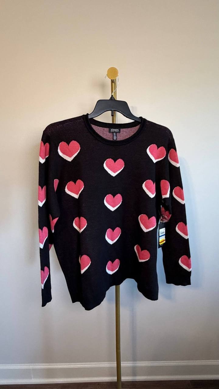 Jones New York Scatter Heart Crewneck Sweater Black Multi XL NWT $99.50