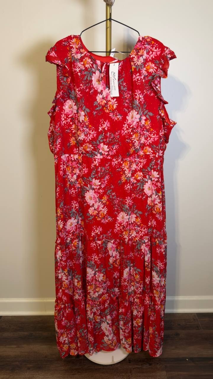 NY Collection Plus Flutter‑Sleeve Tiered Dress Red Multi 3X NWT $56