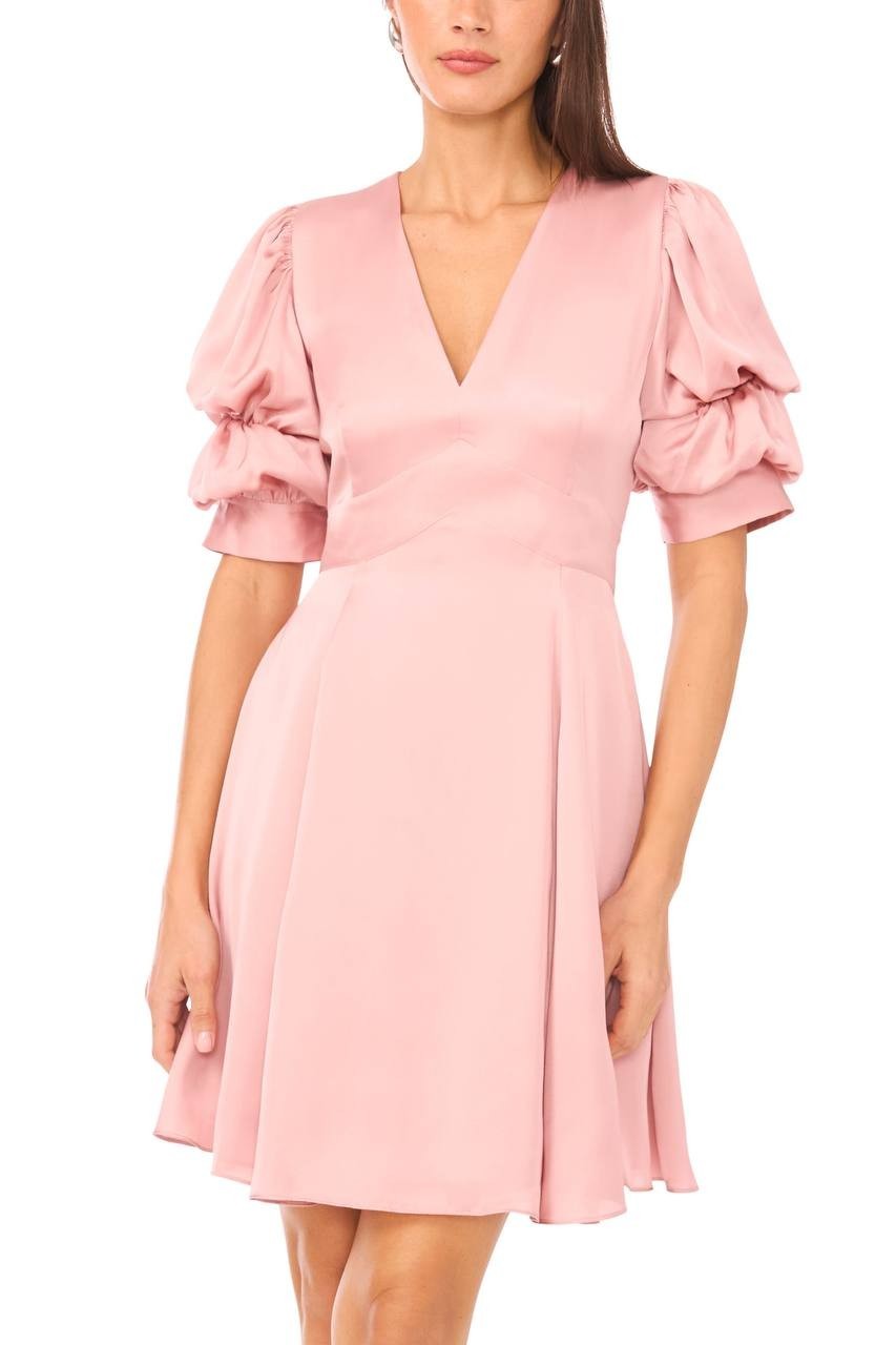 1.STATE Bubble Sleeve V‑Neck Fit & Flare Dress Light Pink L NWT $89