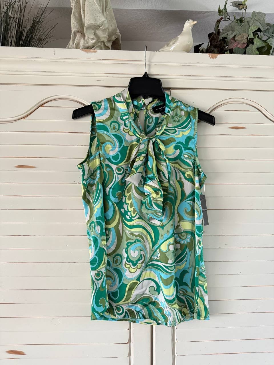 Tahari ASL Women's Bow Front Blouse XS Green Print Sleeveless Career Top NWT