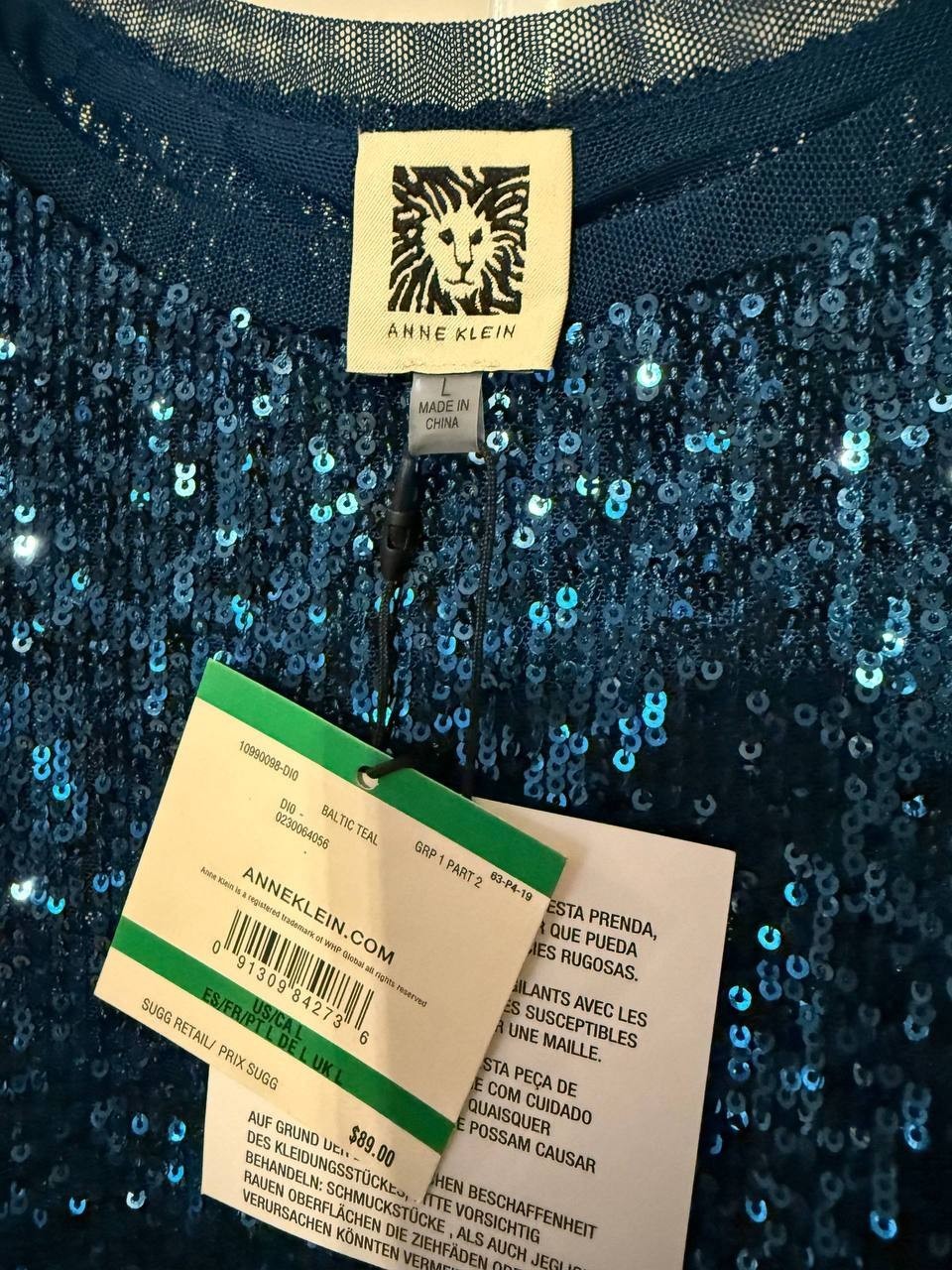 Anne Klein Sequin Mesh T‑Shirt – Baltic Teal – Size L – NWT – $89