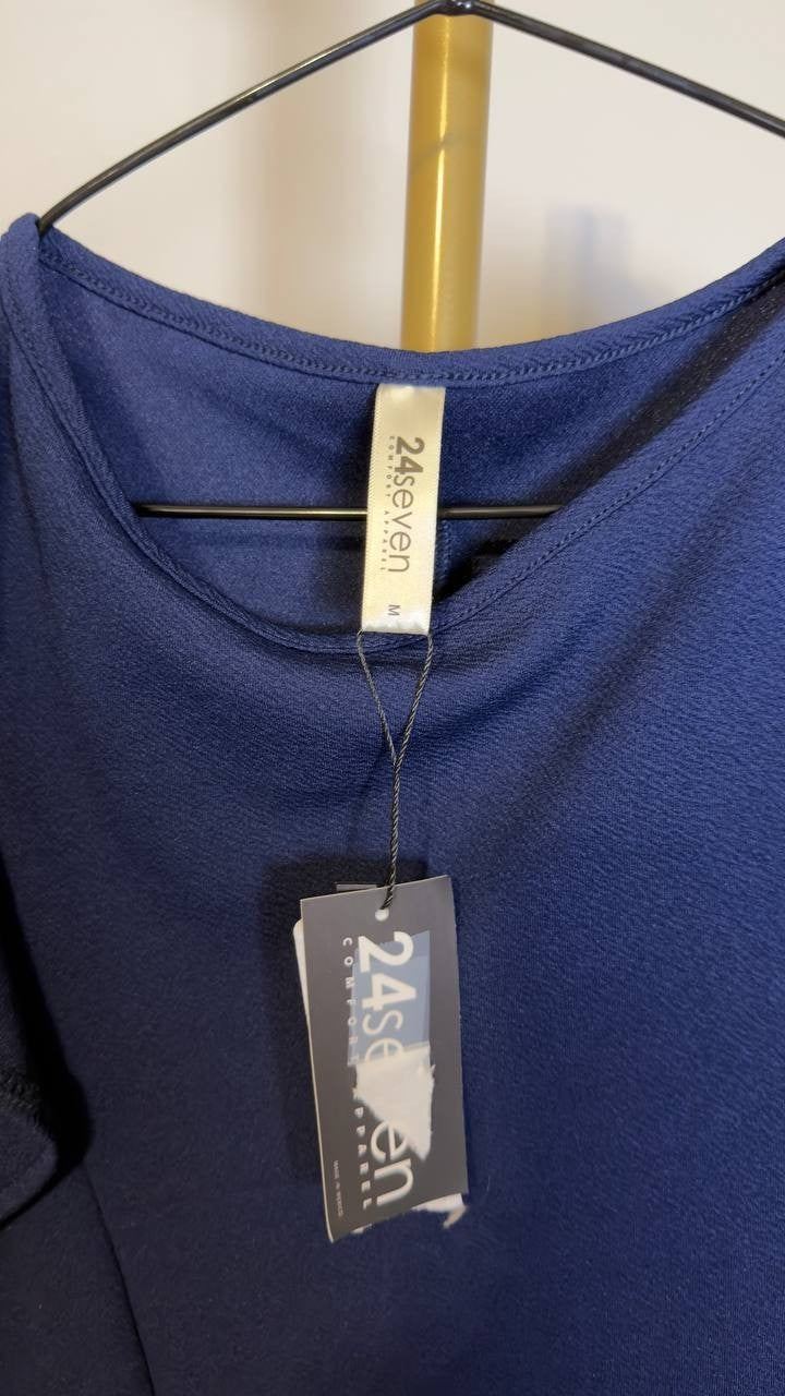 24seven Comfort Apparel Ruffle Cold Shoulder A‑Line Maxi Dress Navy M NWT $90