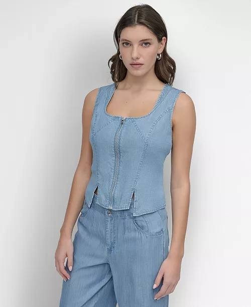 DKNY Zip‑Front Corset Top Chambray XL NWT $89