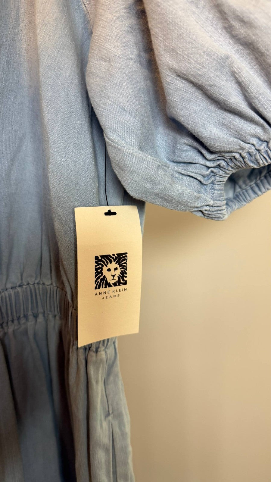 Anne Klein Women’s Split‑Neck Puff‑Sleeve Denim Midi Dress Blue $129 NWT