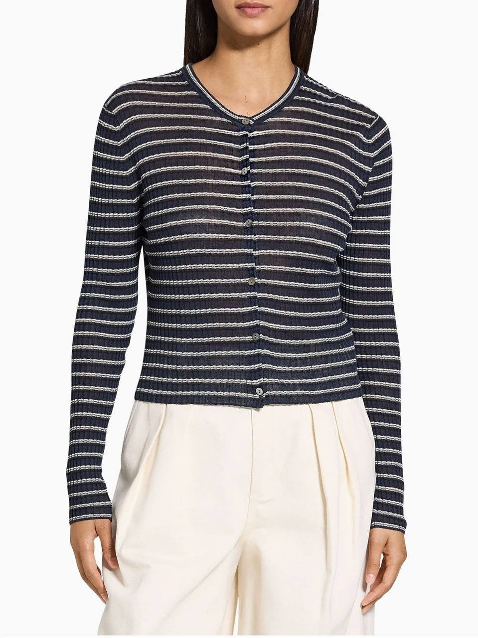 Theory Striped Linen-Blend Crop Cardigan Nocturne Navy Multi Size L Women