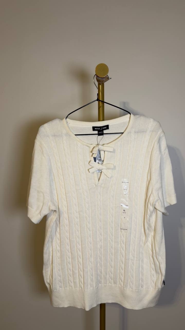 Nautica Jeans Bow Cable Knit Short Sleeve Sweater Sail White XL NWT $69.50