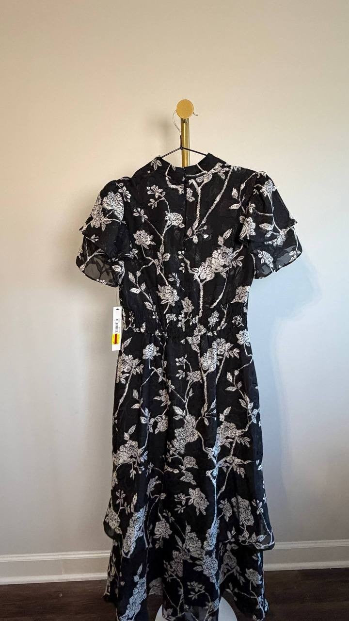 Maggy London Floral Jacquard Tiered Fit & Flare Dress White/Black 2 NWT $158