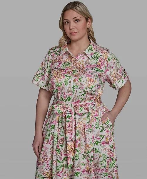Karl Lagerfeld Paris Plus Printed Collared Dress White/Pink 16W NWT $169
