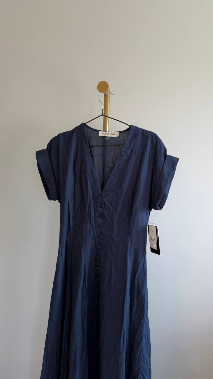 Taylor Button‑Front A‑Line V‑Neck Long Dress Navy 8 NWT $129