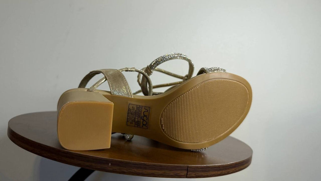 Sugar Neeve Dress Sandals 7.5M Champagne Satin Block Heel NIB msrp$59.99