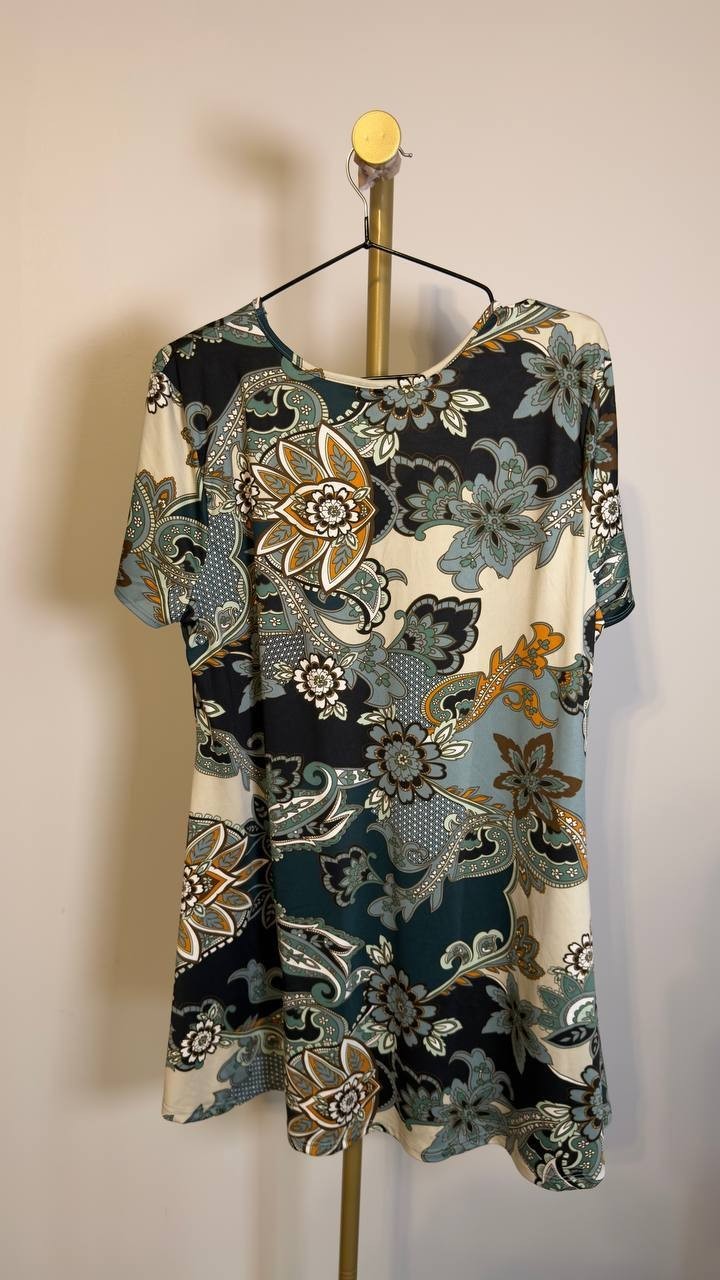 24seven Comfort Apparel Plus Size Floral Curvy Tunic Top Blue/Ivory 1X NWT $67