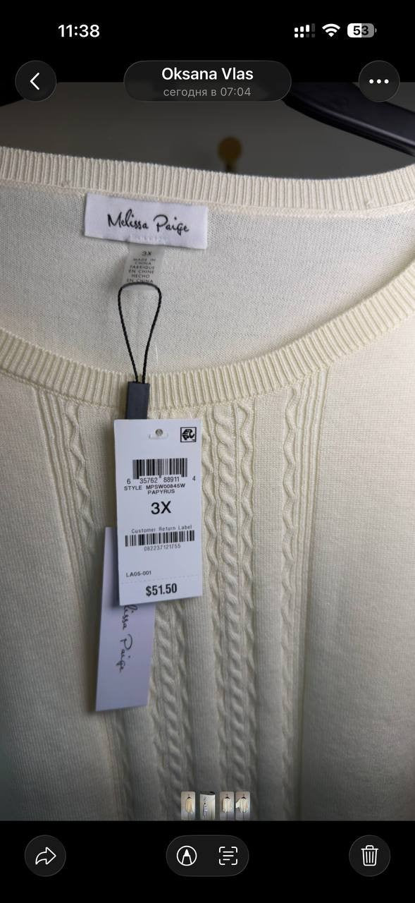 Melissa Paige Cable‑Knit Sweater Papyrus 3X NWT $51.50