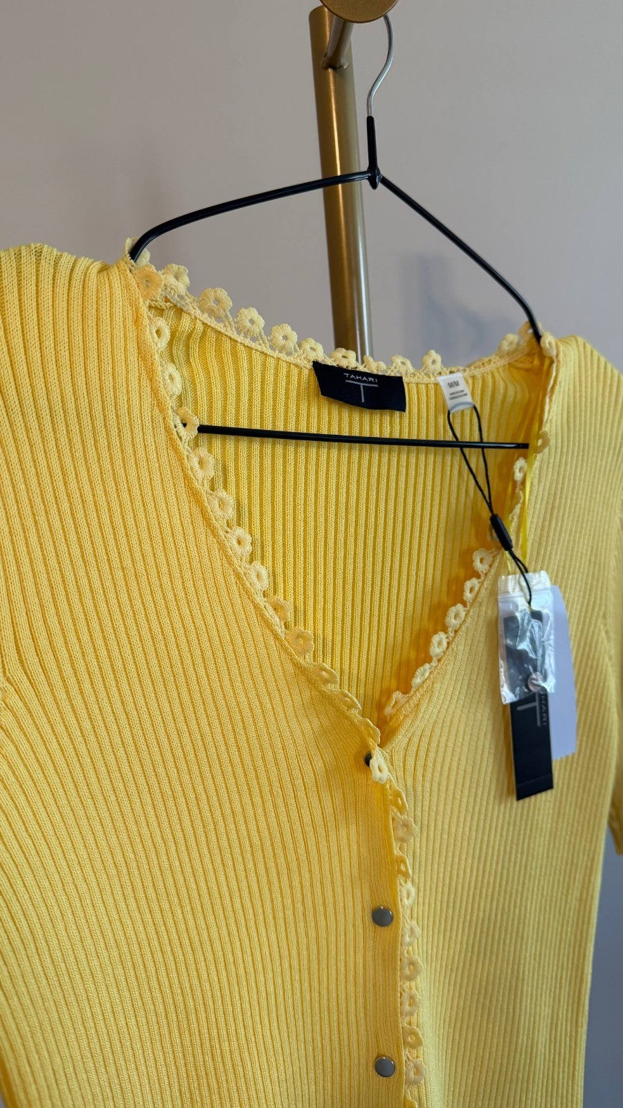 Tahari Women’s Ribbed Pointelle Button‑Front Sweater Yellow Sky $78 NWT
