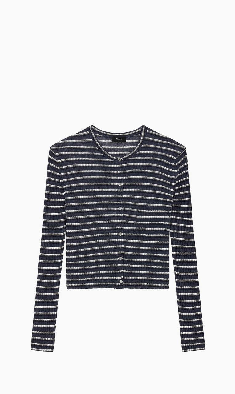 Theory Striped Linen-Blend Crop Cardigan Nocturne Navy Multi Size L Women