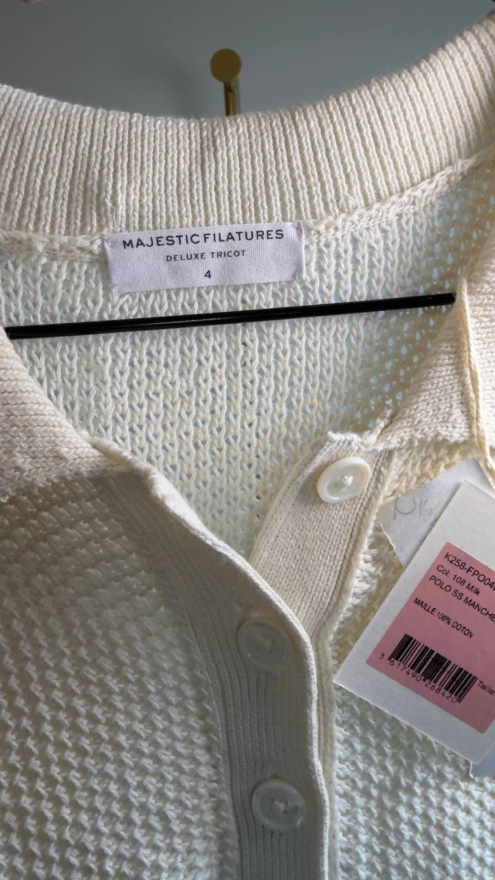 Majestic Filatures Knit Cap‑Sleeve Polo Top 4 Milk NWT $230