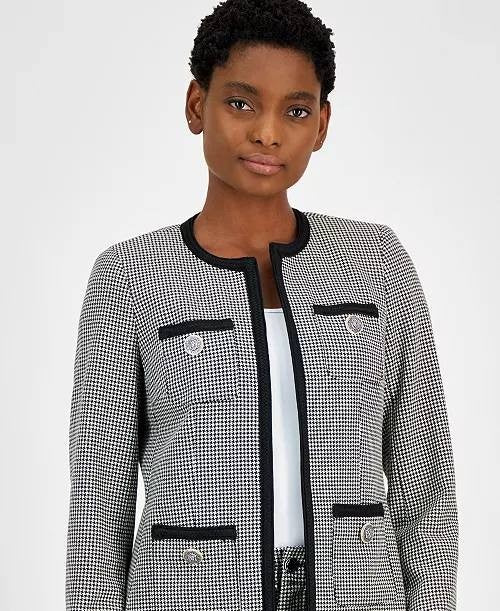 Anne Klein Jacket 8 Black White Houndstooth Collarless Braid Trim Career NWT
