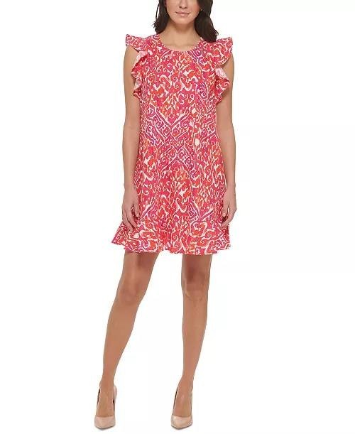 Tommy Hilfiger Printed Ruffle-Trim Sleeveless Shift Dress Red Size 4 NWOT