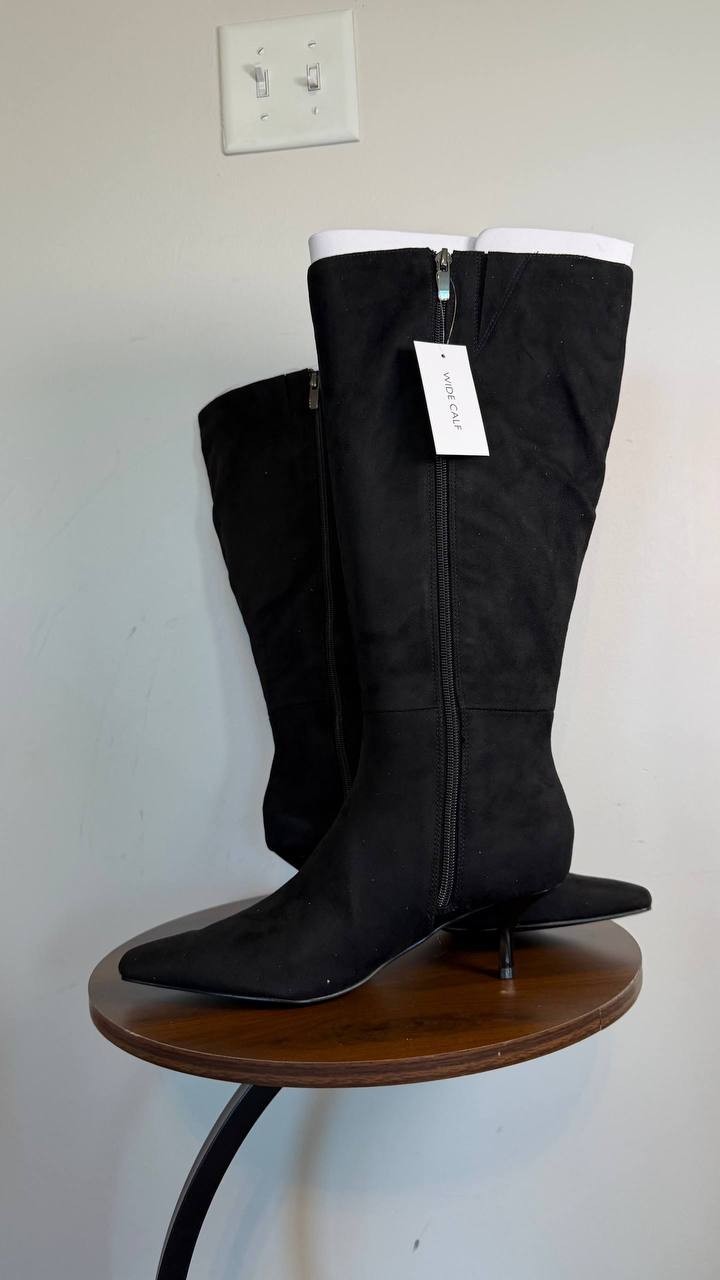 Nine West Havier Knee High Kitten Heel Boots Black 8M Wide Calf Textile $199 NWB