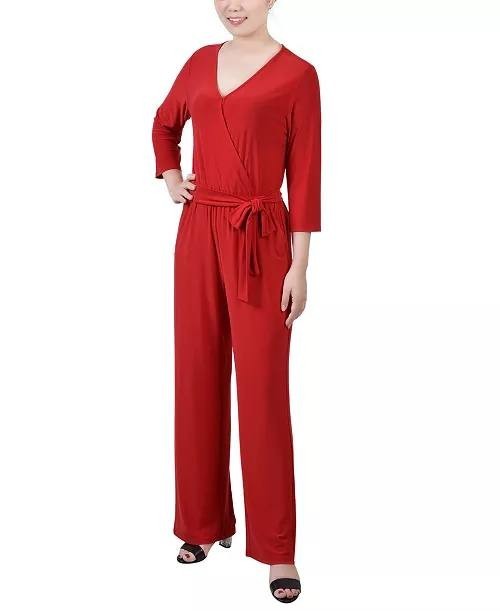 NY Collection Women’s 3/4 Sleeve Belted Jumpsuit Barbados Red PM $66 NWT