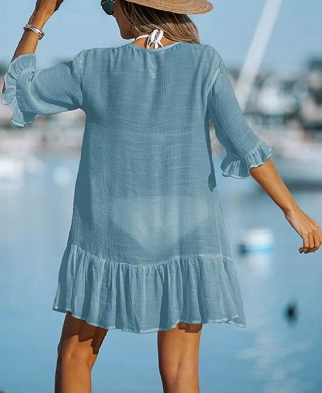 Cupshe Blue Ruffled Swim Cover‑Up Dress Size XL NWT Beachwear Summer msrp$53