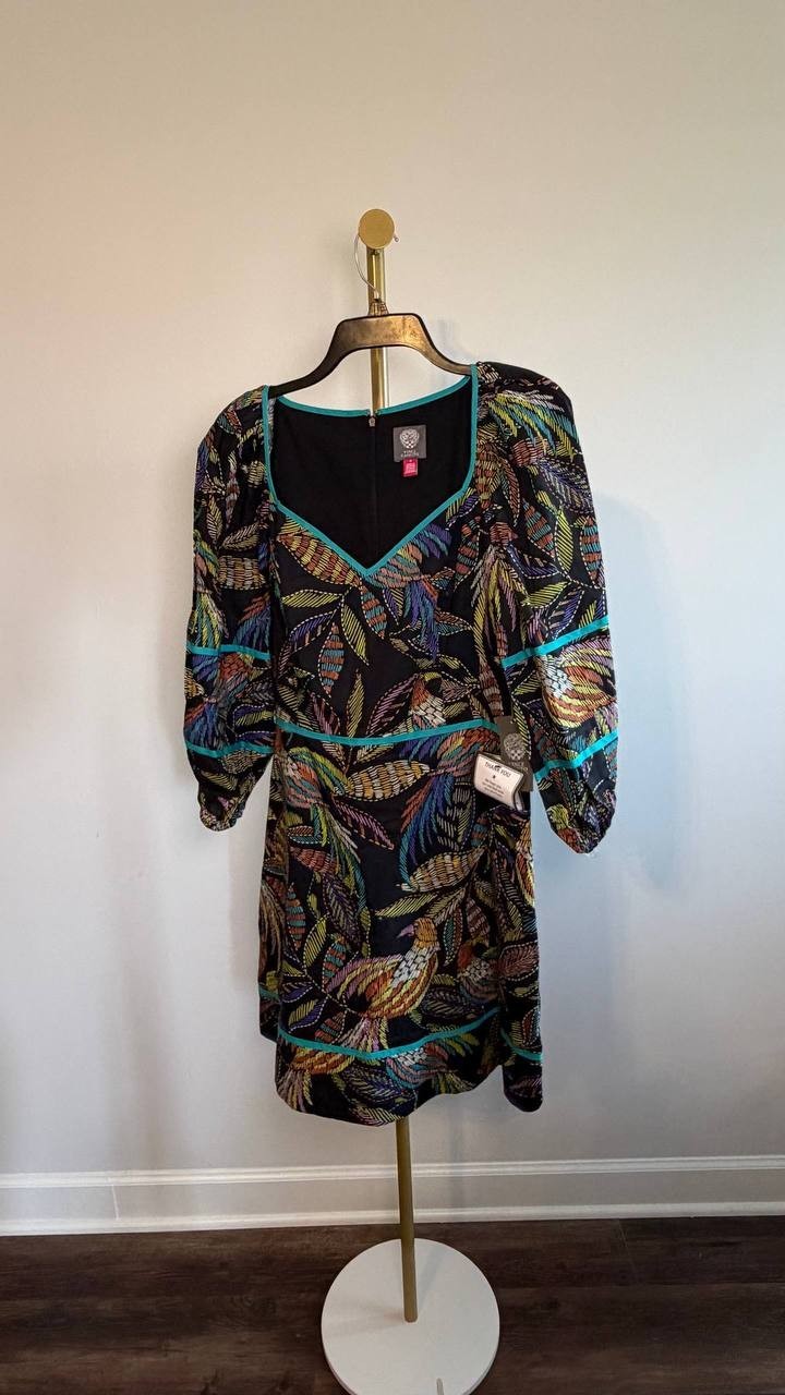 Vince Camuto Puff Sleeve Cotton Poplin Dress Black Multi 12 NWT $138