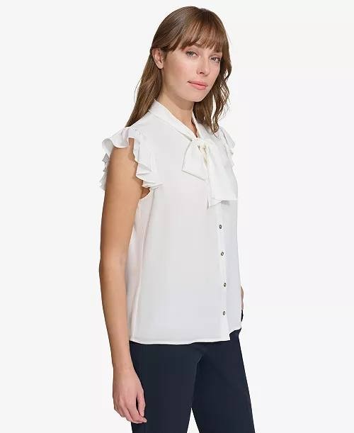 Tommy Hilfiger Flutter-Sleeve Tie-Neck Blouse White Size S NWT $69 – Chic Classi