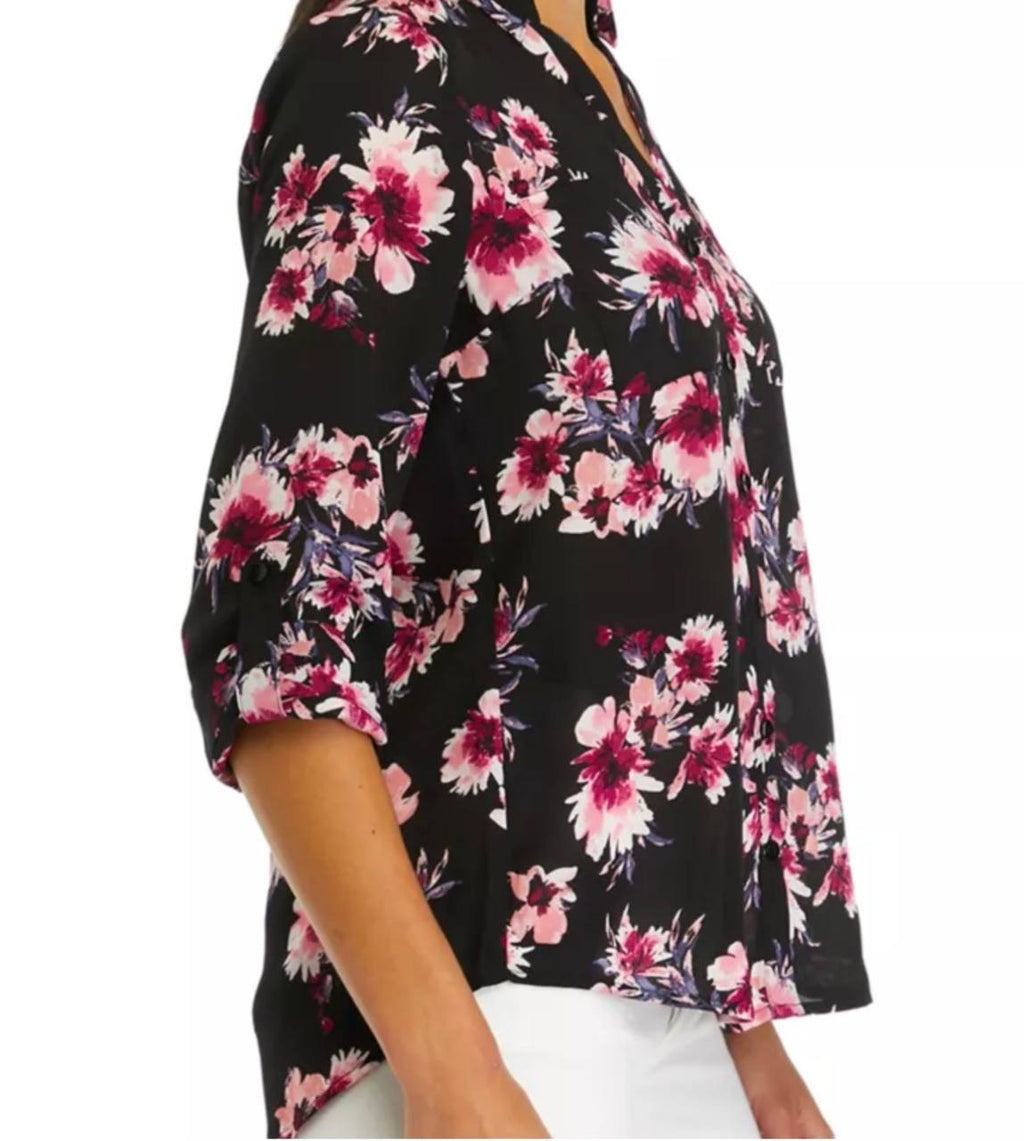 BCX Juniors’ Floral-Print Roll-Sleeve Button-Up Blouse Pat A L NWT $44