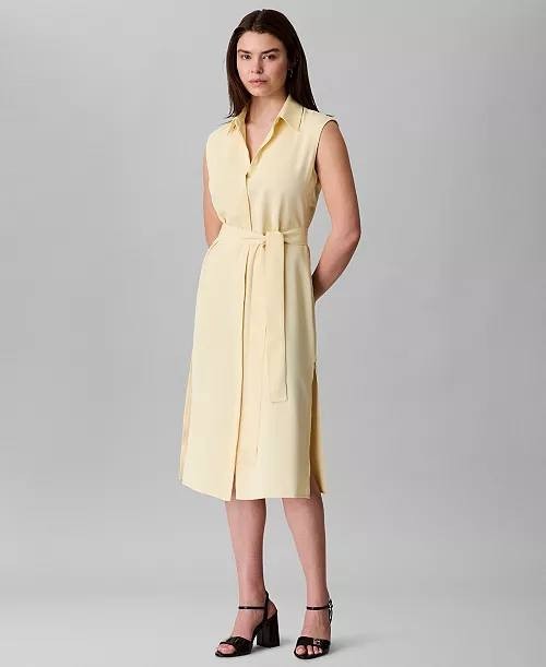 Calvin Klein Sleeveless Tie-Waist Shirtdress Polyester Blue S NWOT