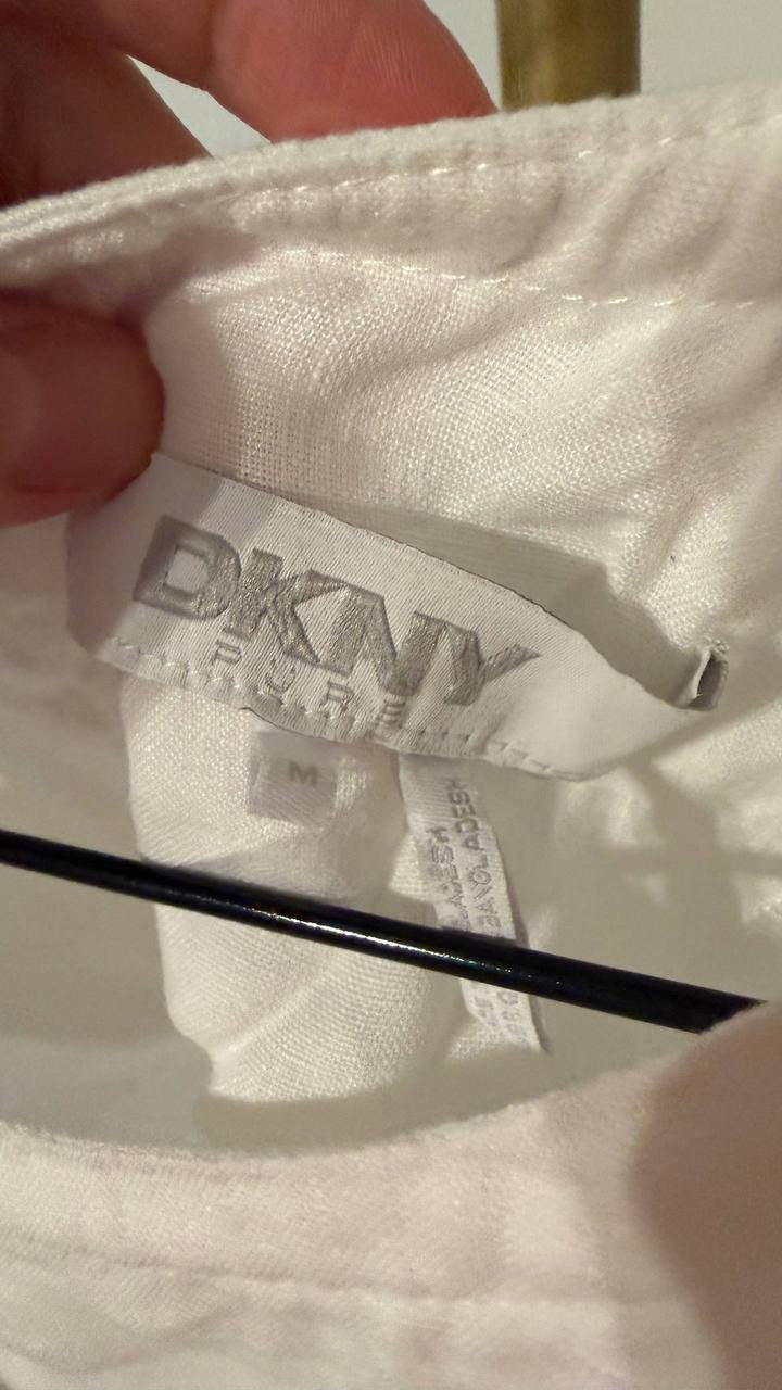 DKNY Pure White Linen Blend Top M Excellent Pre-Owned Casual Short Sleeve