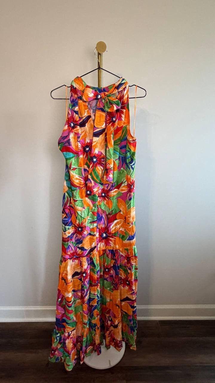 MSK Printed Halter Tie‑Back Tiered Maxi Dress Multi S NWT $69