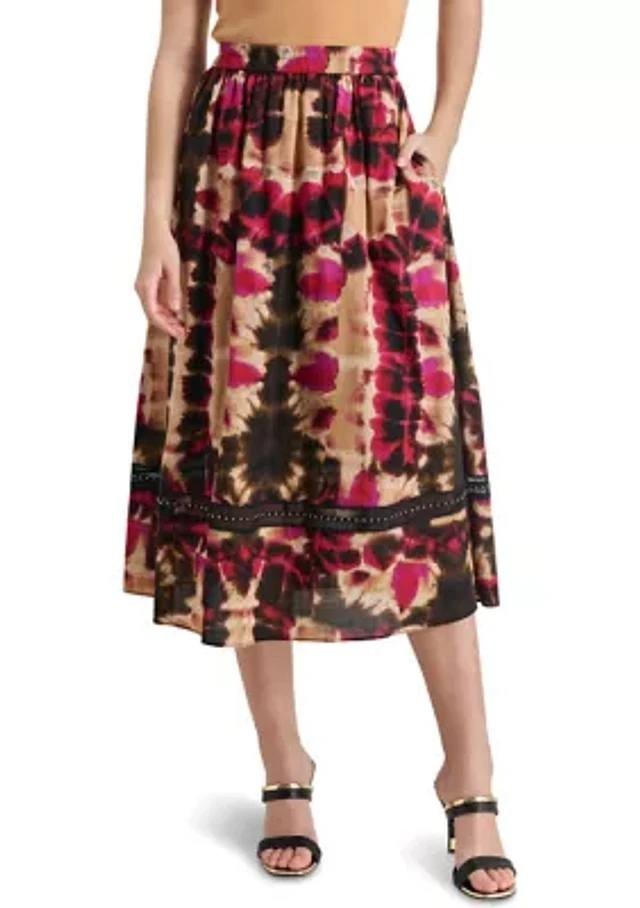 DKNY Pleated Midi Skirt – Size XS – NWT – Multicolor Sateen Abstract Print Flowy