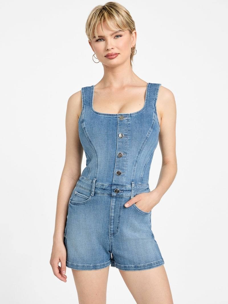 Guess Eco Denim Button‑Front Romper Blue Size L/G NWOT Sustainable Chic msrp$168