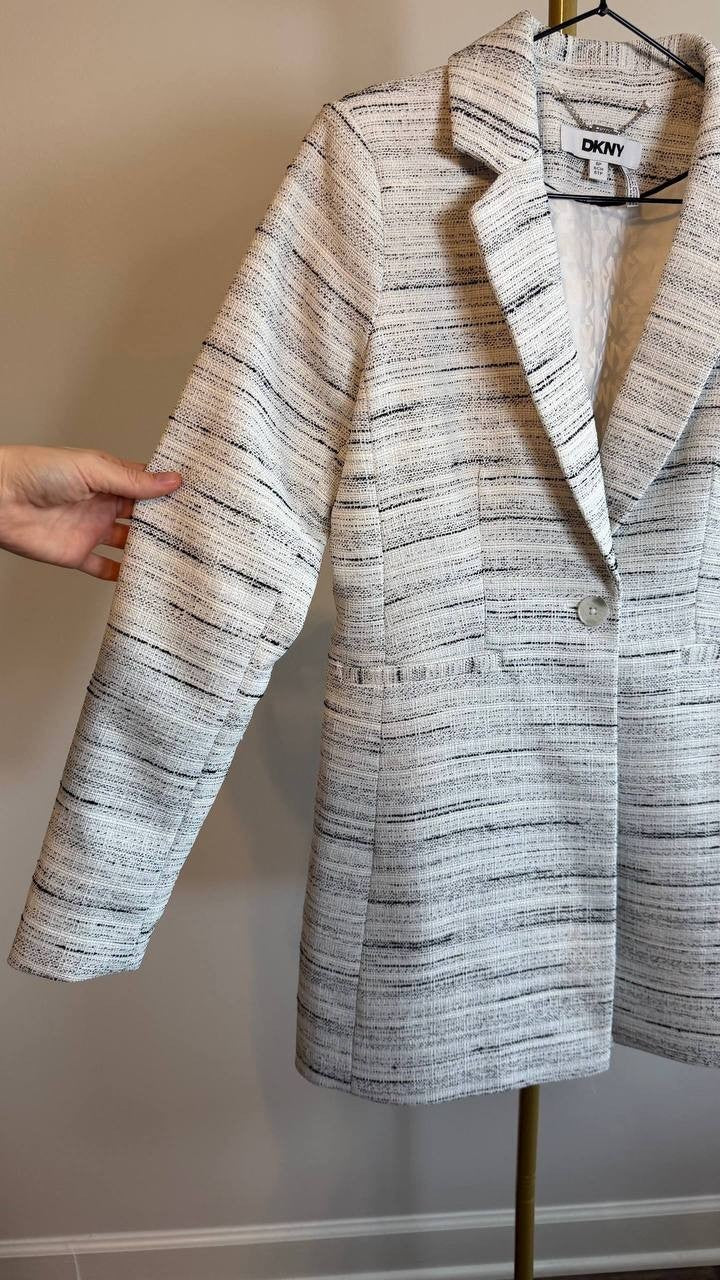 DKNY Women’s White Tweed Notch-Collar One-Button Long Blazer Size 6P NWT $179