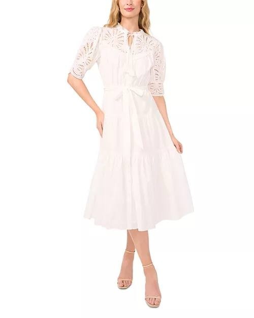 CeCe Dress 6 Ultra White Eyelet Trim Midi Puff Sleeve Belted Cotton NWT