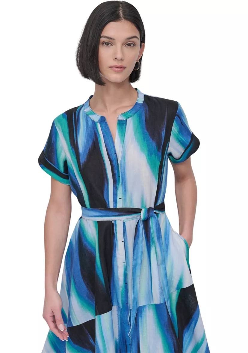 DKNY Brushstroke Printed Asymmetrical Linen Dress Caribbean Multi 4 NWT $159
