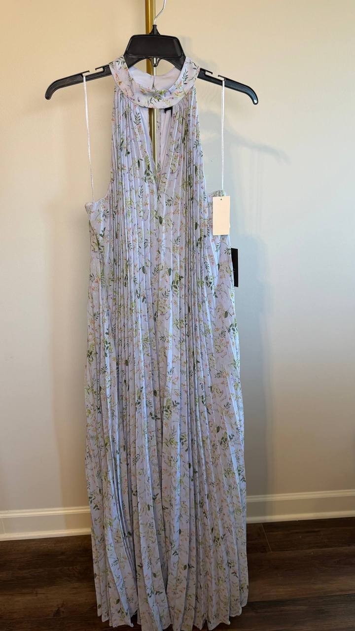 CeCe Pleated Floral‑Print Keyhole Dress Periwinkle M NWT $138