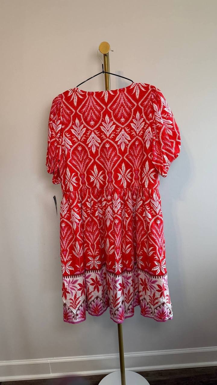 MSK Printed Tie‑Neck Short‑Sleeve Fit & Flare Dress Red XS NWT $89