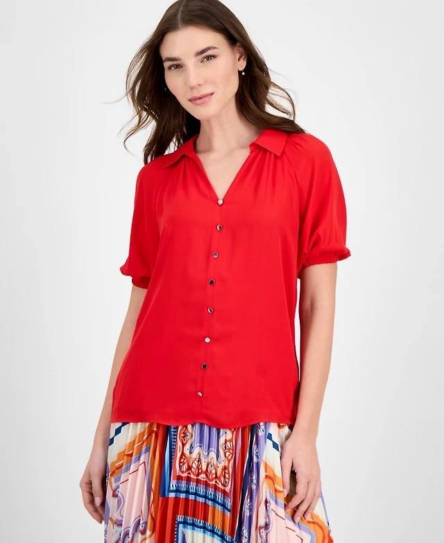 Tahari Women’s Georgette Split‑Neck Blouse Apple Red S $78 NWT