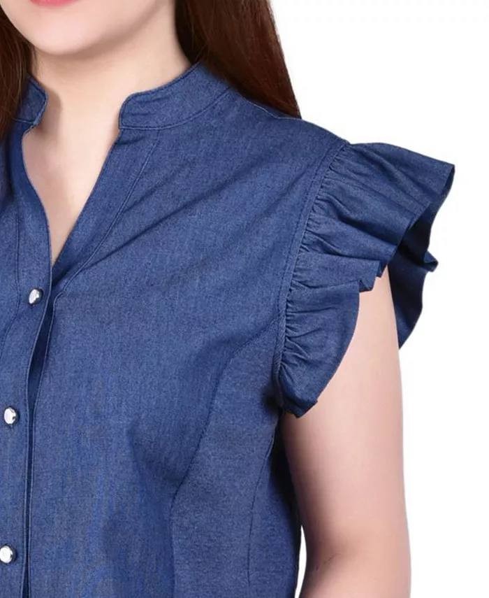 NY Collection Petite Chambray Top Blue PL NWT  $40
