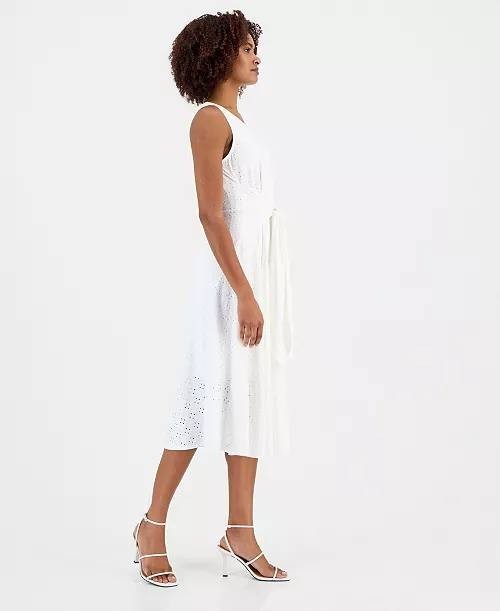 Signature by Robbie Bee Tie‑Front Eyelet Sleeveless Midi Dress White XL NWOT $79