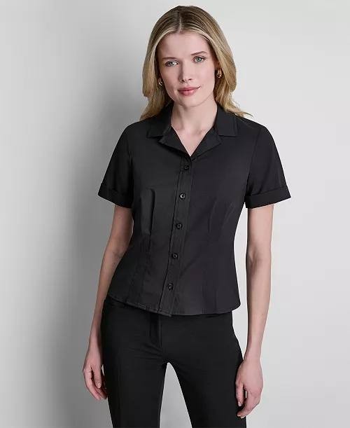 DKNY Short‑Sleeve Collared Button‑Front Blouse Black L NWT $99
