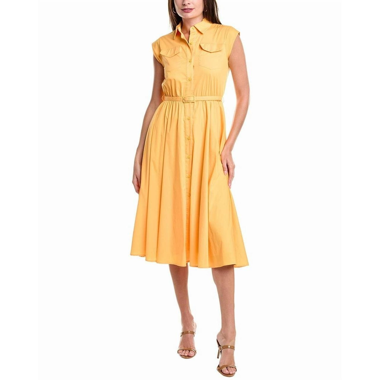 T Tahari Fit & Flare Belted Button Front Dress Mango Yellow 12 $158 NWT