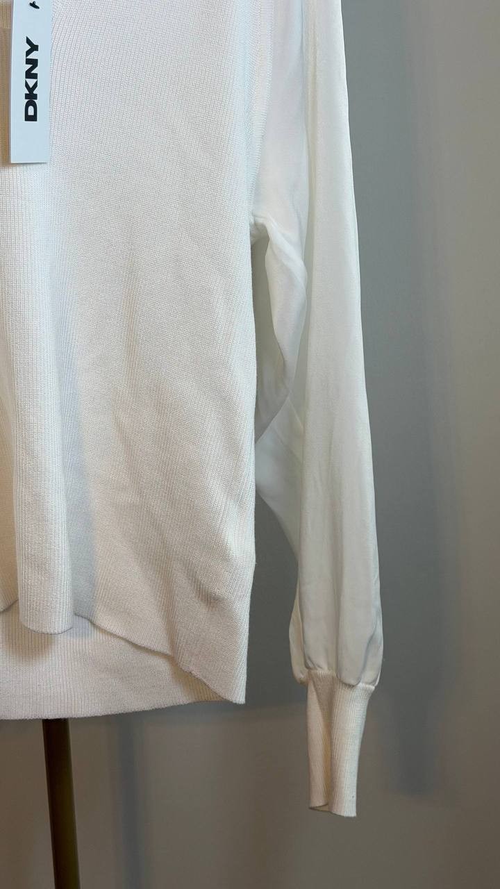 DKNY Long Sleeve Mix Media V‑Neck Top, Size L, White, NWT $79