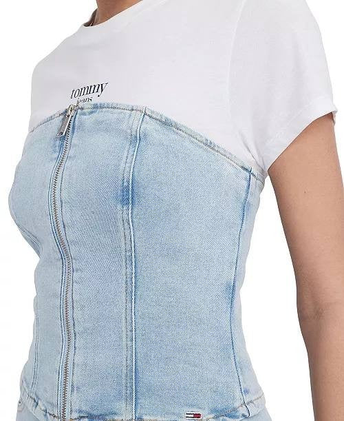 Tommy Jeans Denim Top S/P Strapless Zip-Front Smocked Back NWT - MSRP 90$