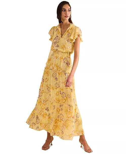 1.STATE Tiered Floral Flutter‑Sleeve Maxi Dress Lemon Meringue XS NWT $139